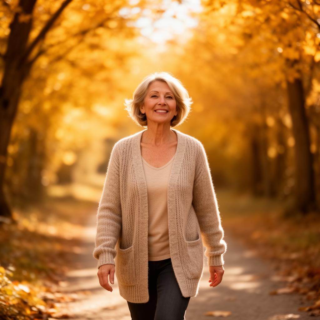 A healthy woman walking on a sunny autumn path
